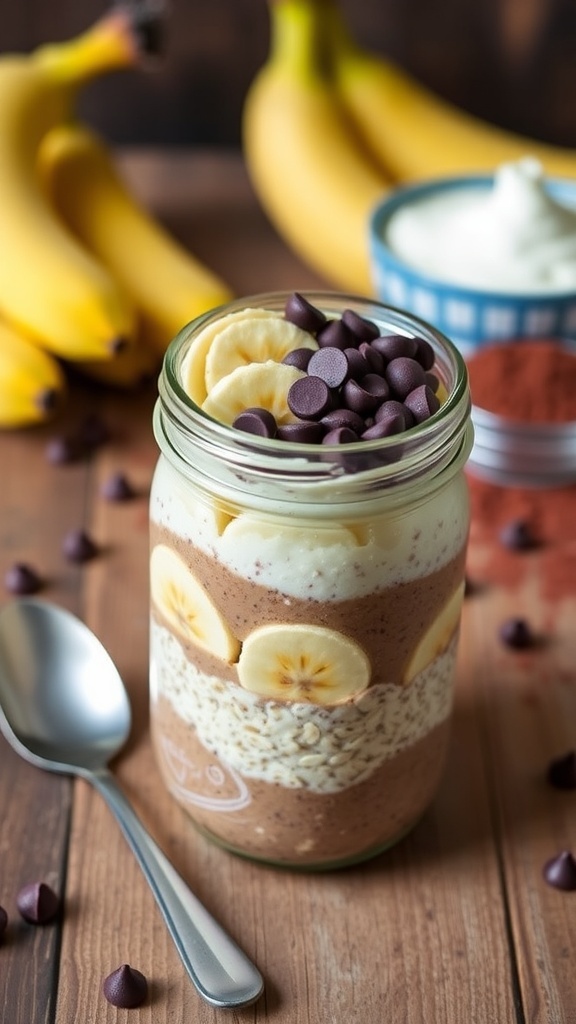 A jar of chocolate banana overnight oats topped with banana slices and chocolate chips on a wooden table.